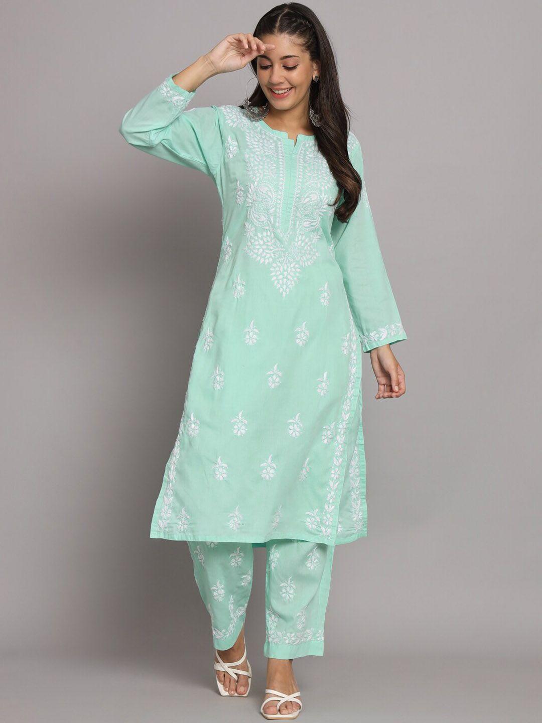 paramount chikan ethnic motifs chikankari embroidered regular kurta with trousers