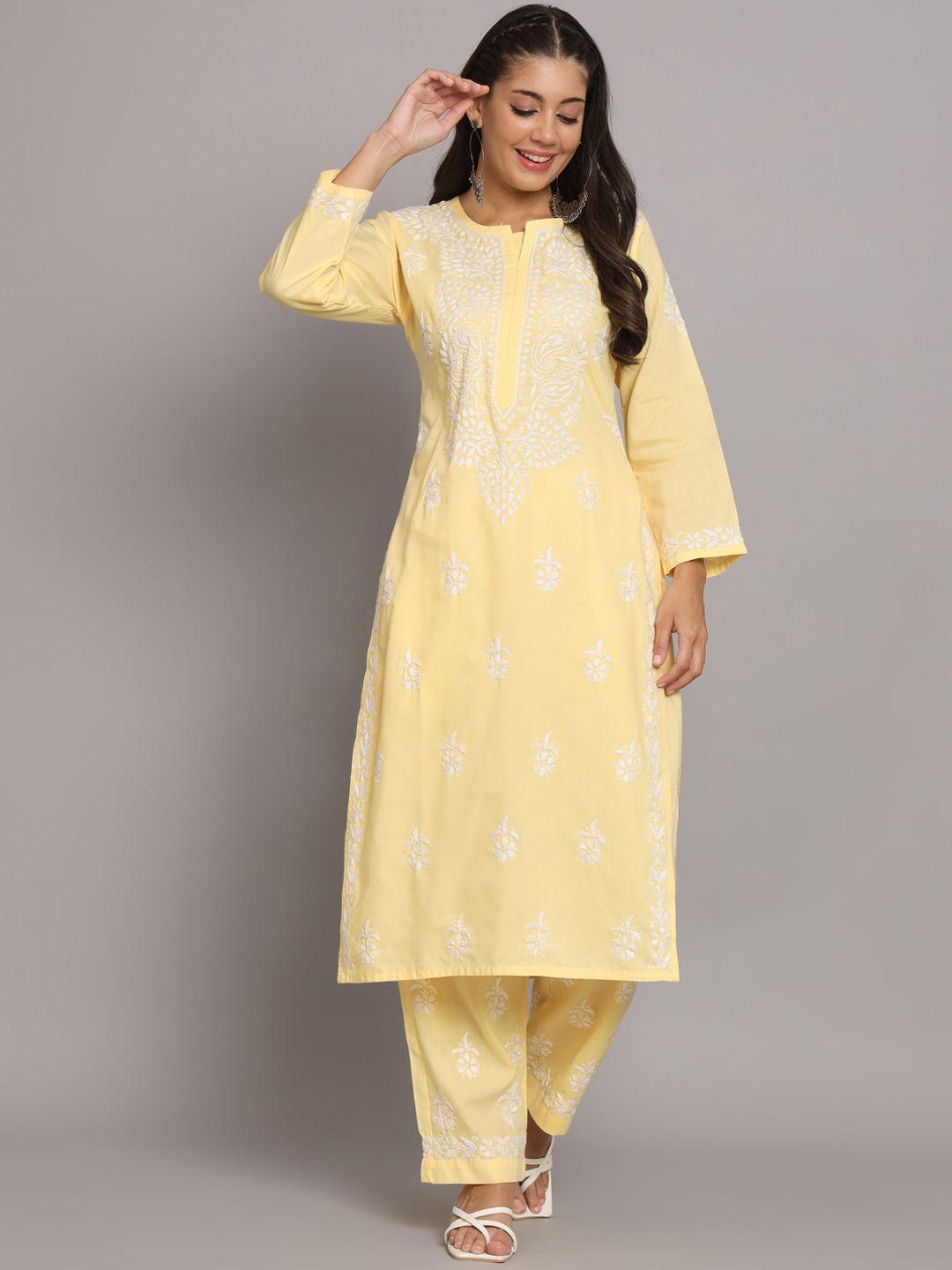 paramount chikan ethnic motifs chikankari embroidered regular kurta with trousers