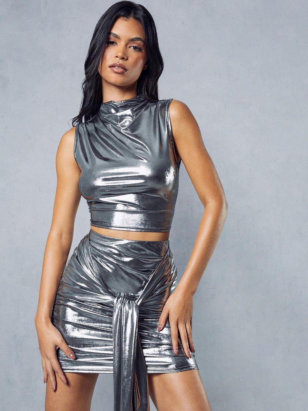 misspap metallic slinky high neck crop top