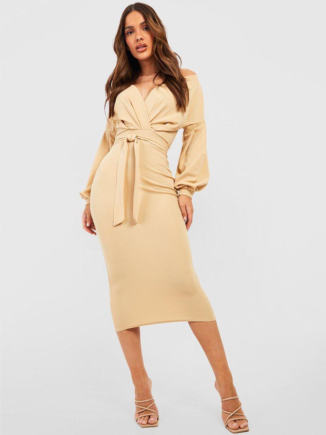 boohoo off-shoulder sheath midi dress