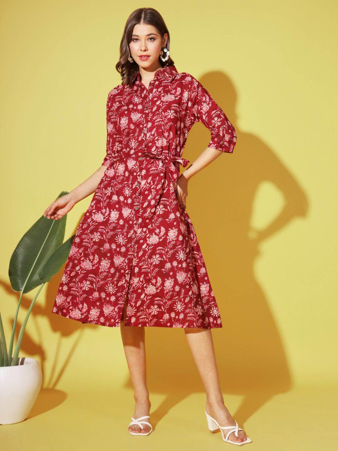 vbuyz floral printed shirt collar belted cotton shirt dress