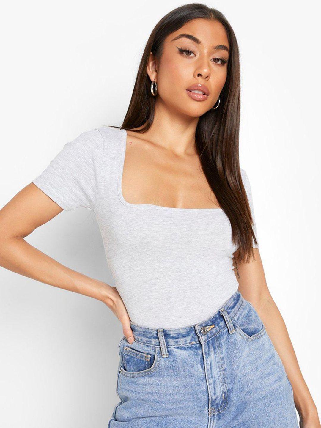 boohoo melange effect short sleeve square neck bodysuit