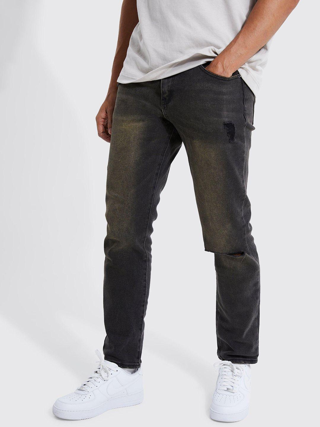 boohooman overdyed slim fit slash knee jeans