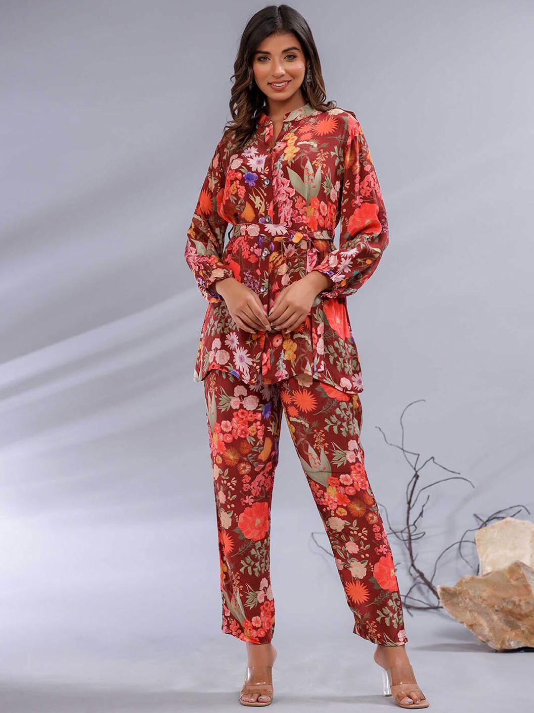 meena bazaar floral printed tie-up tunic and trousers