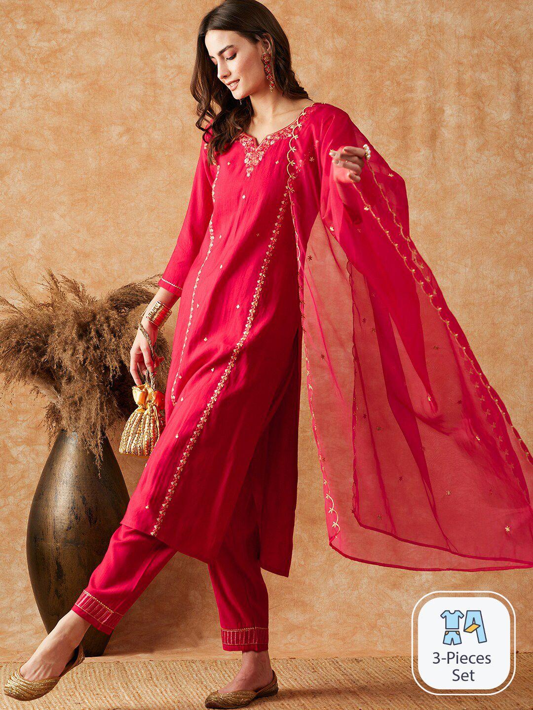 sangria embroidered straight kurta with trouser & dupatta set