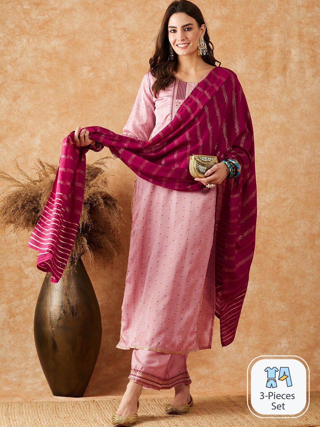 sangria printed & embroidered straight kurta with palazzo & dupatta set