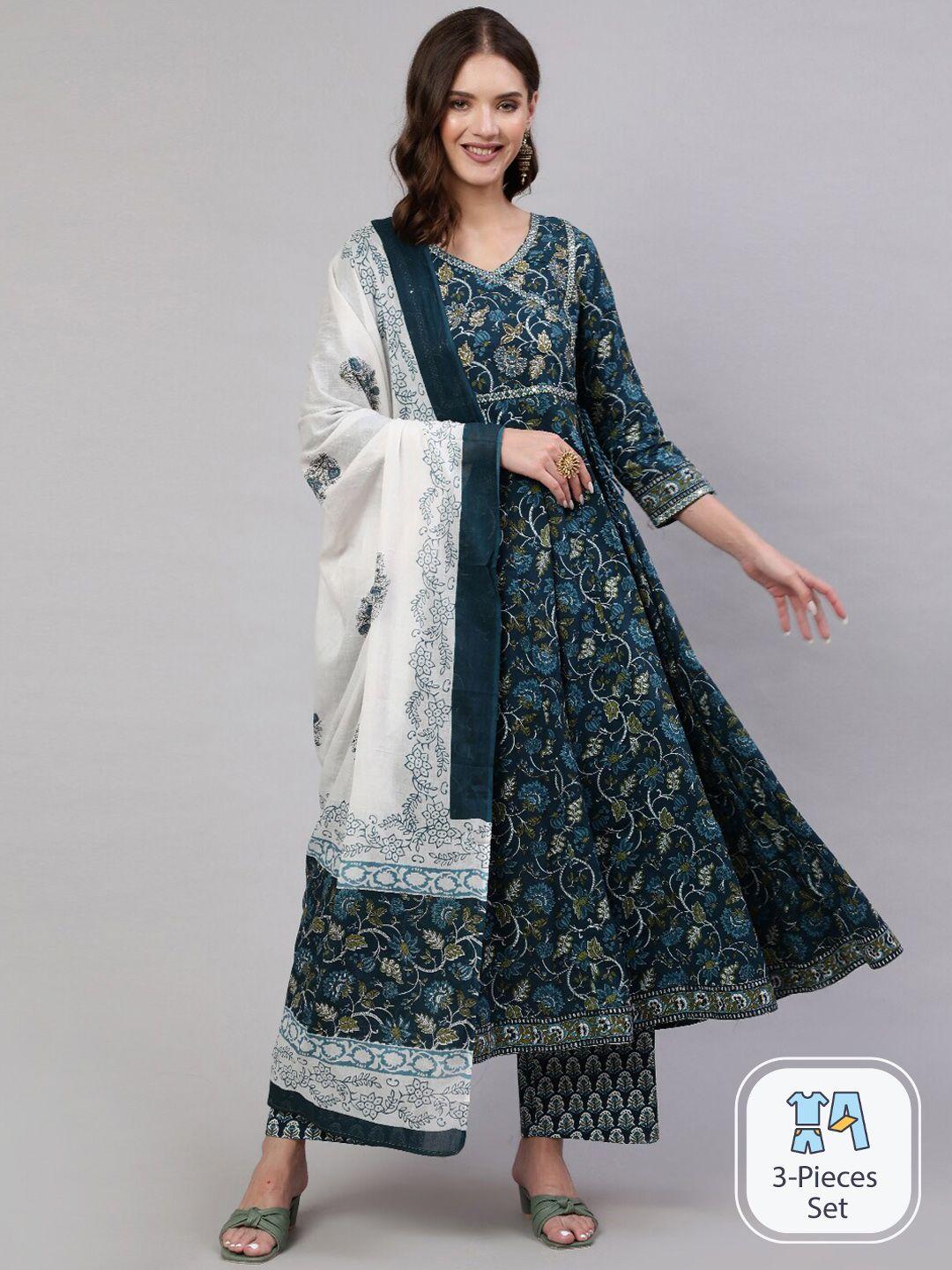 mizaz women navy blue floral printed empire mirror work pure cotton kurta with trousers & with dupatta