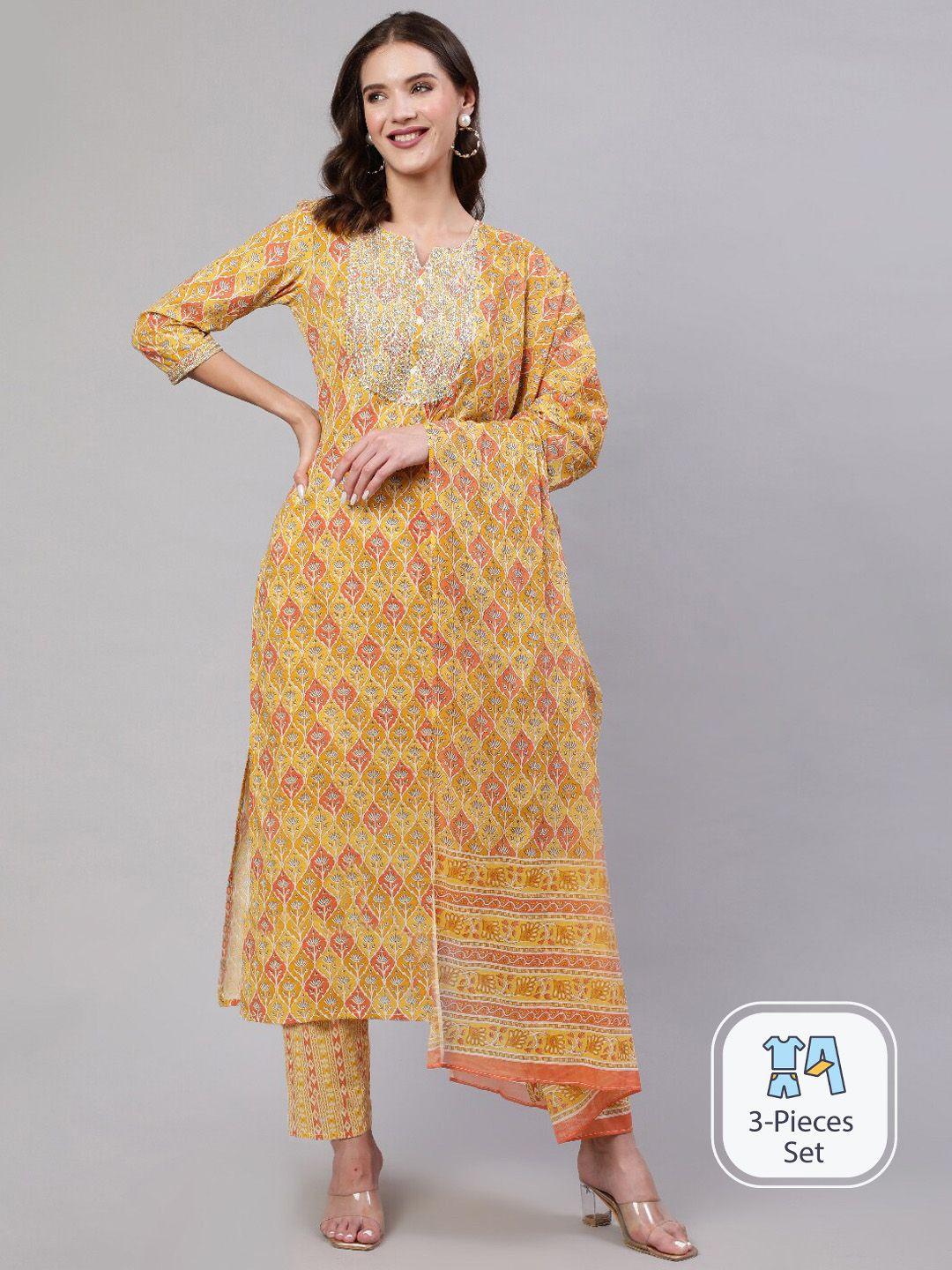 mizaz floral printed regular gotta patti pure cotton kurta with trousers & dupatta