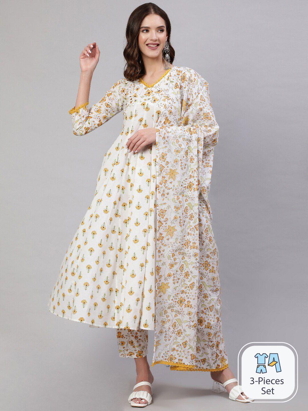 mizaz women mustard yellow floral printed empire pure cotton kurta with trousers & with dupatta