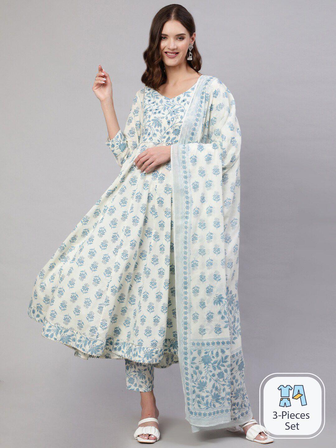 mizaz floral printed empire pure cotton kurta with trousers & dupatta