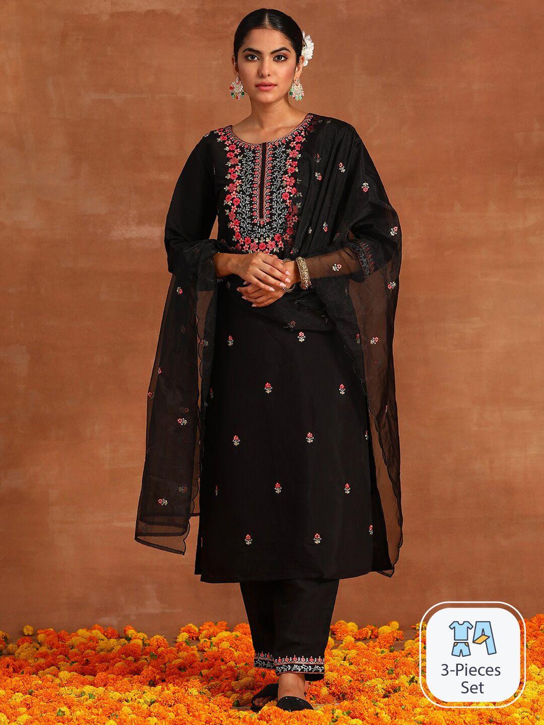 indo era floral embroiderd thread work straight kurta & trousers with dupatta