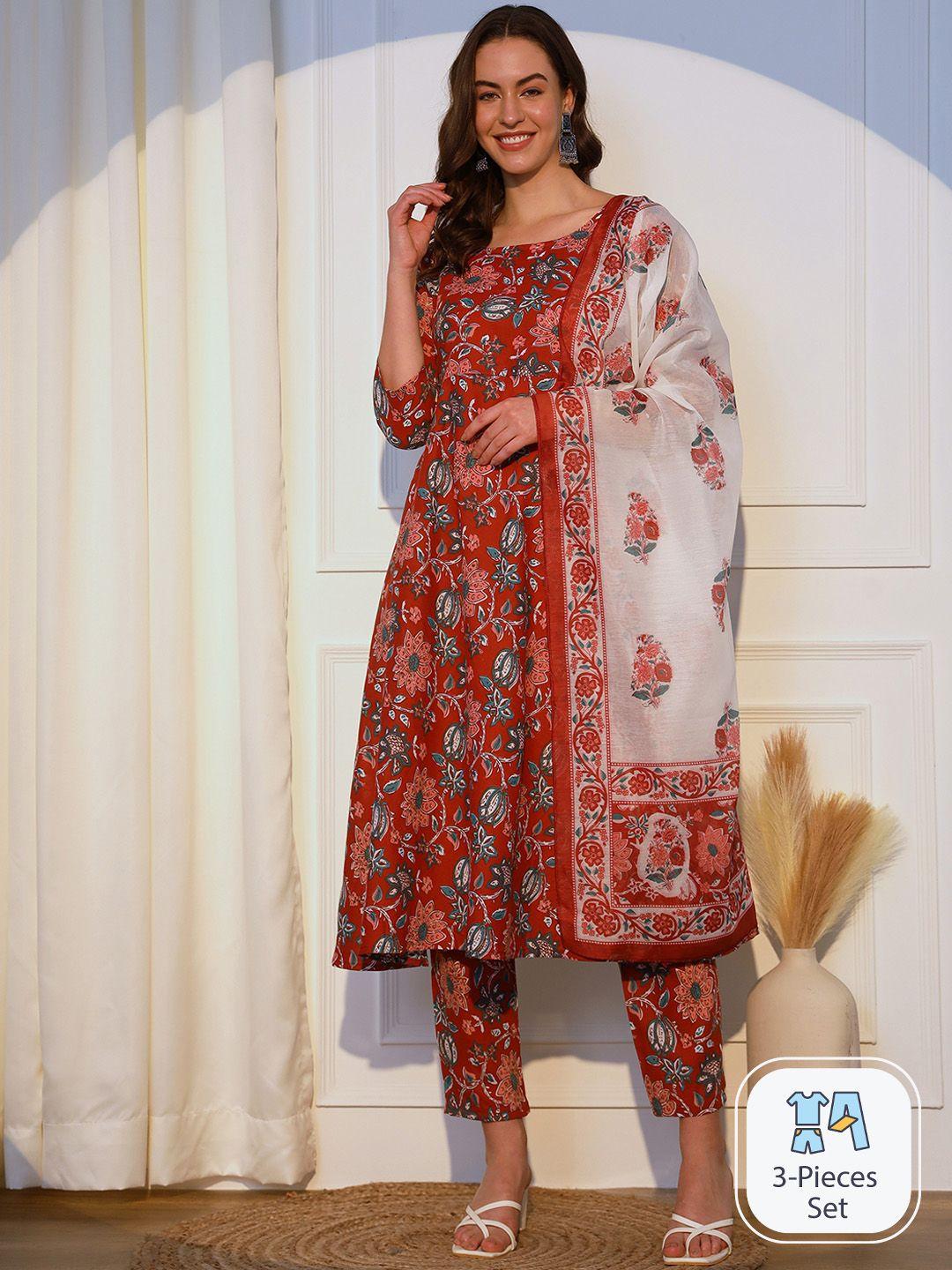 aspora women red floral printed empire phulkari pure cotton kurta with trousers & with dupatta