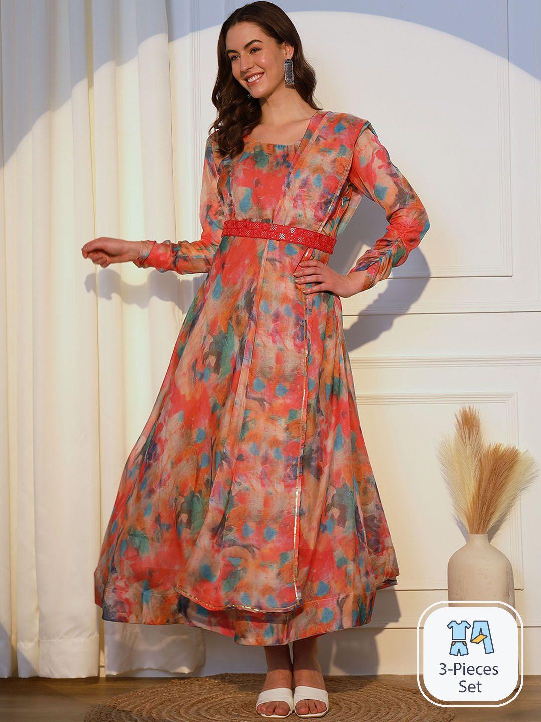 aspora women peach-coloured printed regular gotta patti kurta with trousers & with dupatta