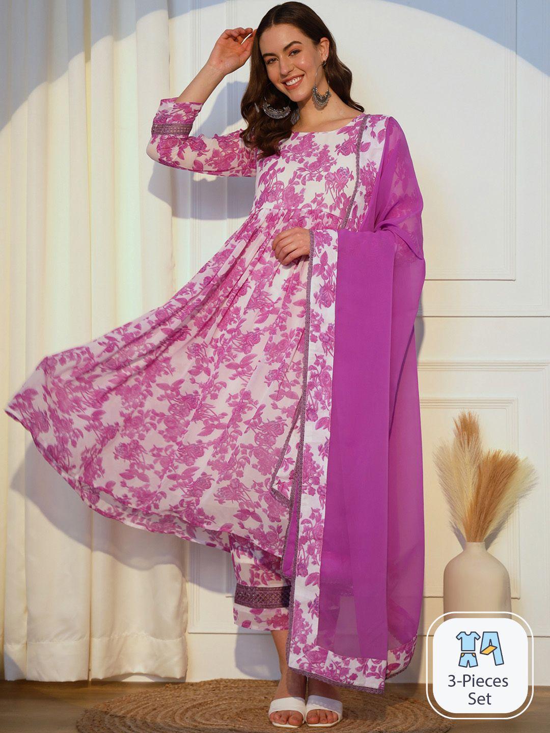 aspora floral printed pleated georgette kurta with trousers & dupatta