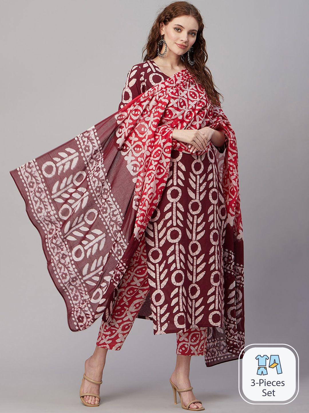 kalini ethnic motifs printed notched neck straight kurta with trousers & dupatta