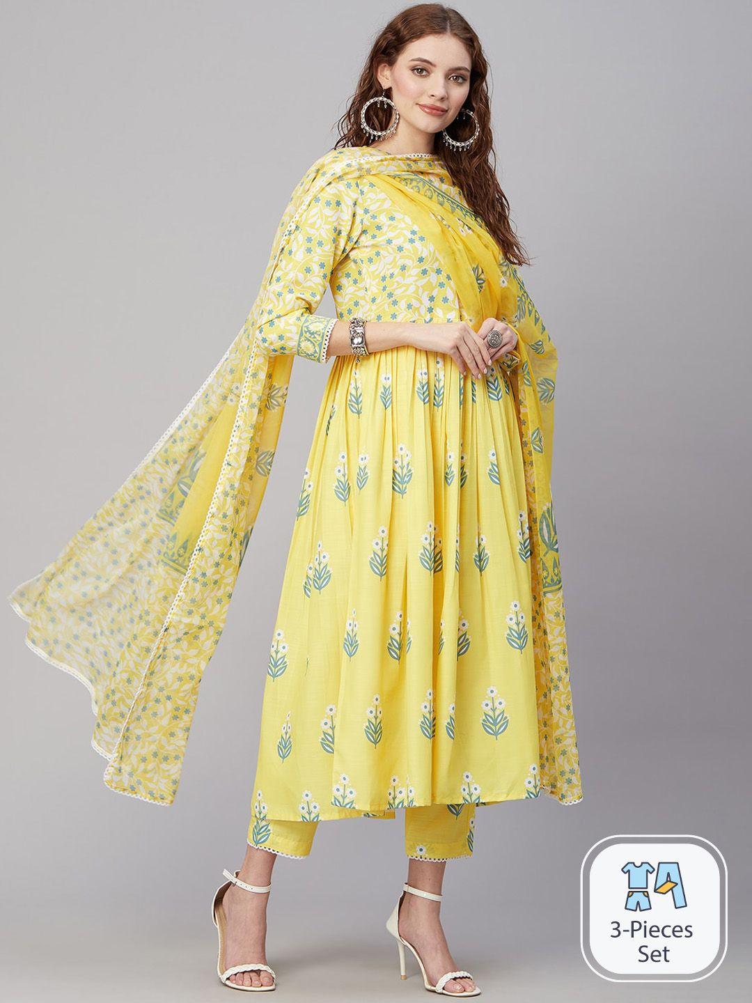 kalini ethnic motifs printed anarkali pleated kurta with trousers & dupatta