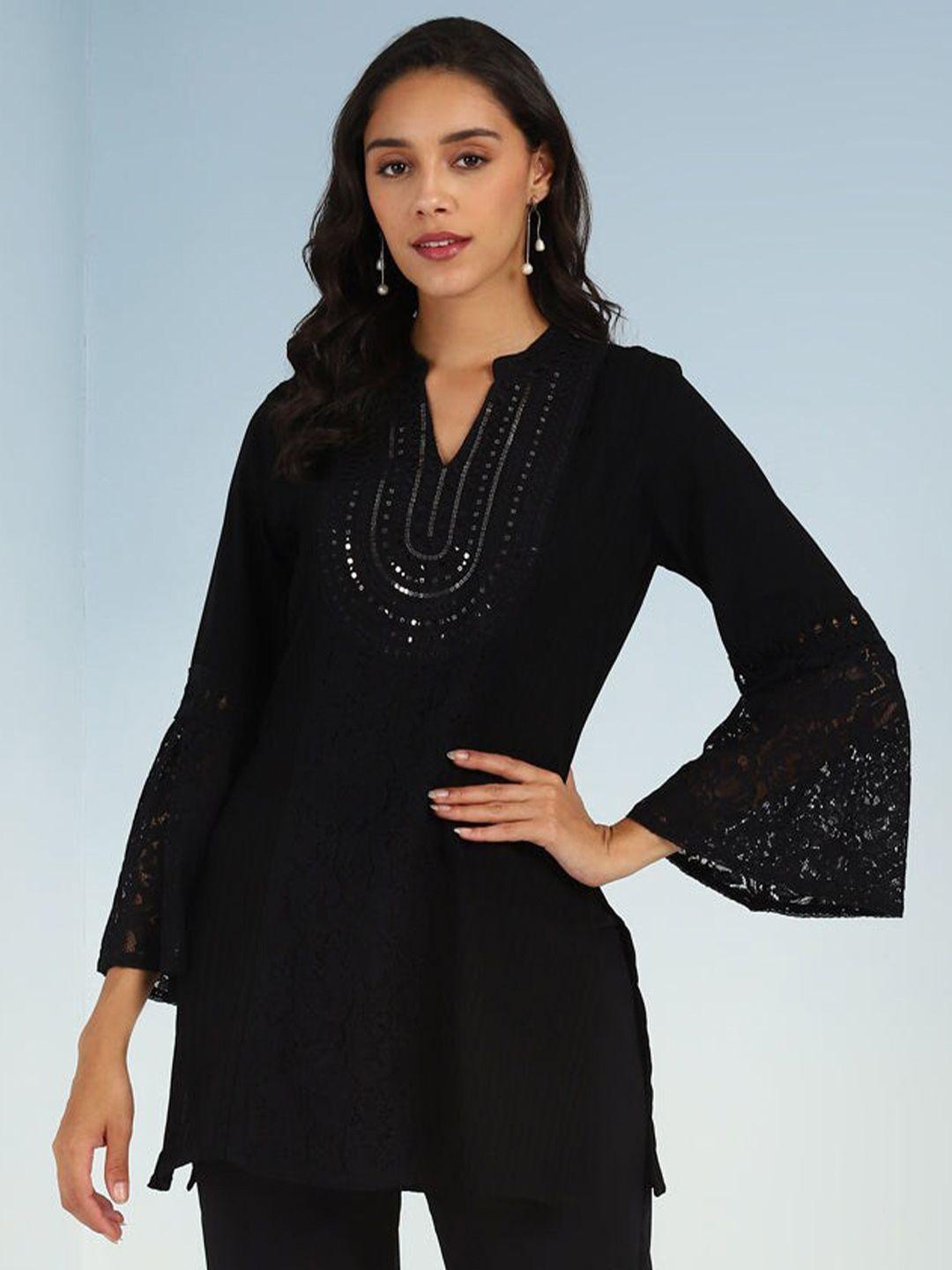 lakshita black mandarin collar embroidered tunic