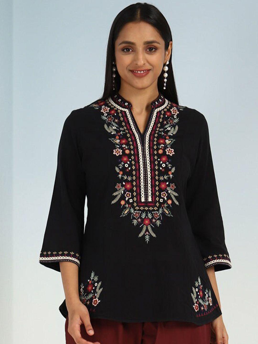 lakshita black & white mandarin collar embroidered tunic