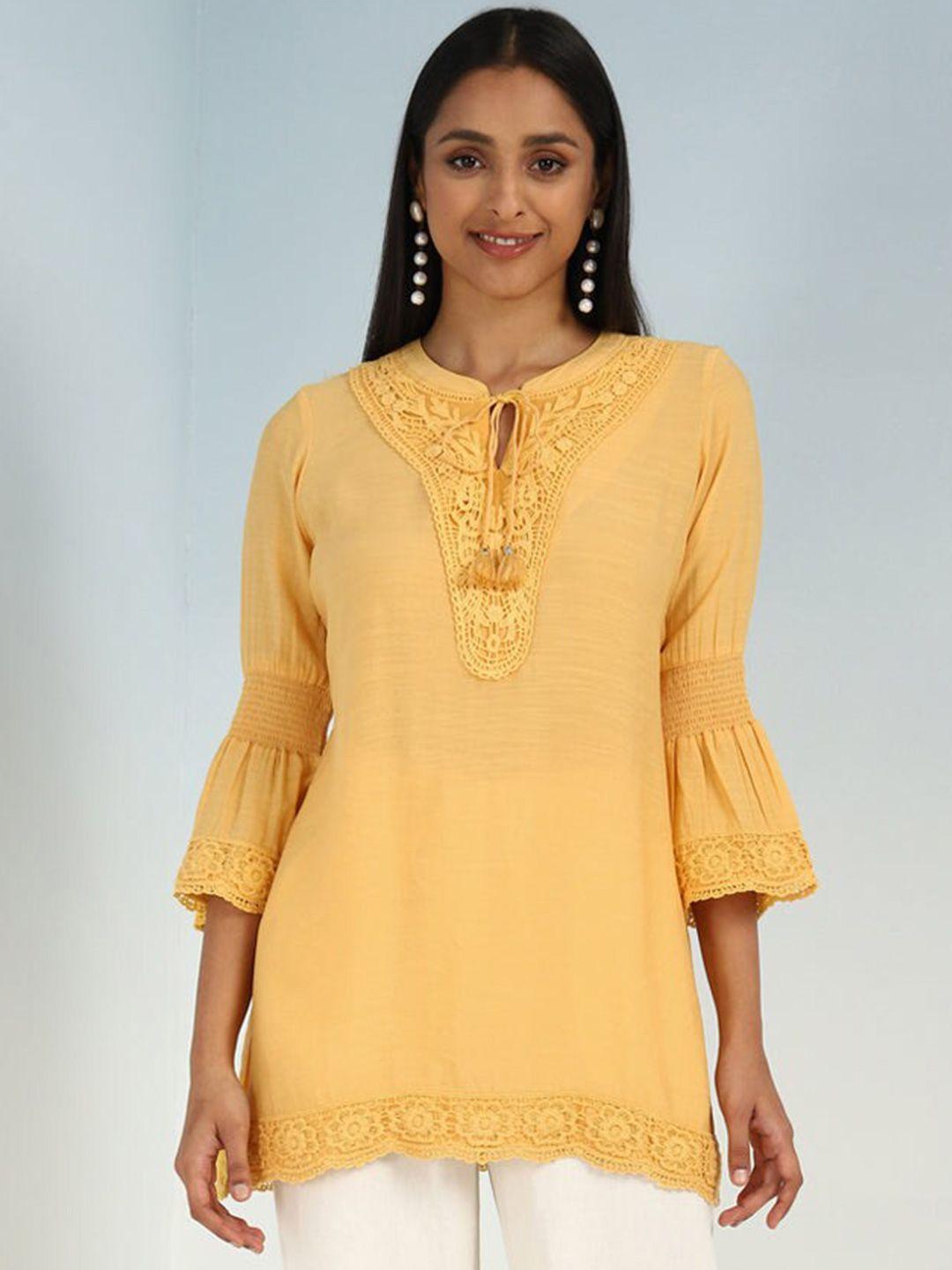 lakshita embroidered tie-up neck bell sleeve straight kurti