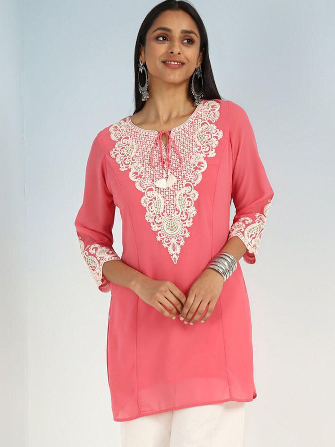 lakshita embroidered yoke tie-up neck straight thread work kurti