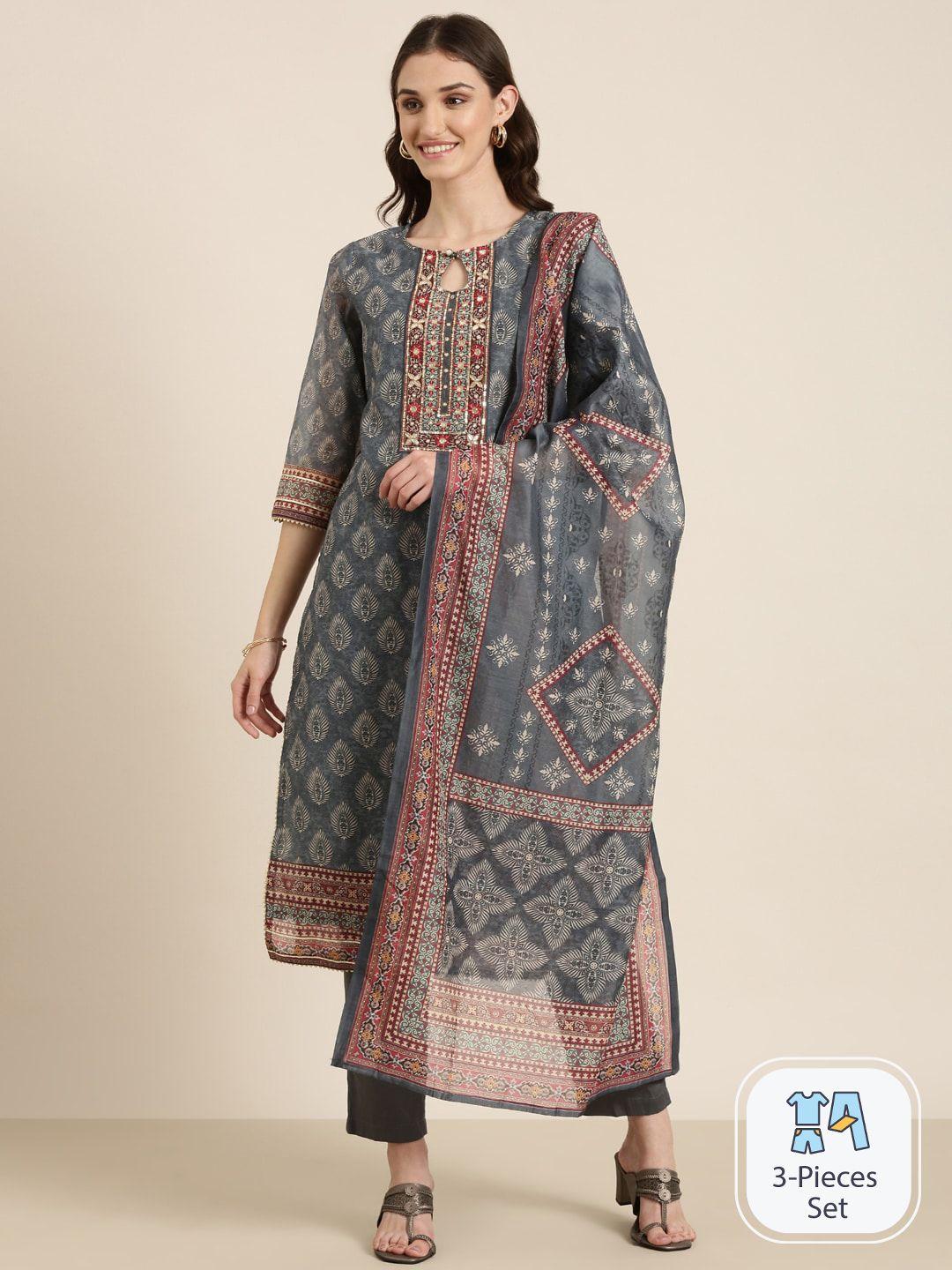 showoff ethnic motifs printed beads and stones straight kurta with trousers & dupatta