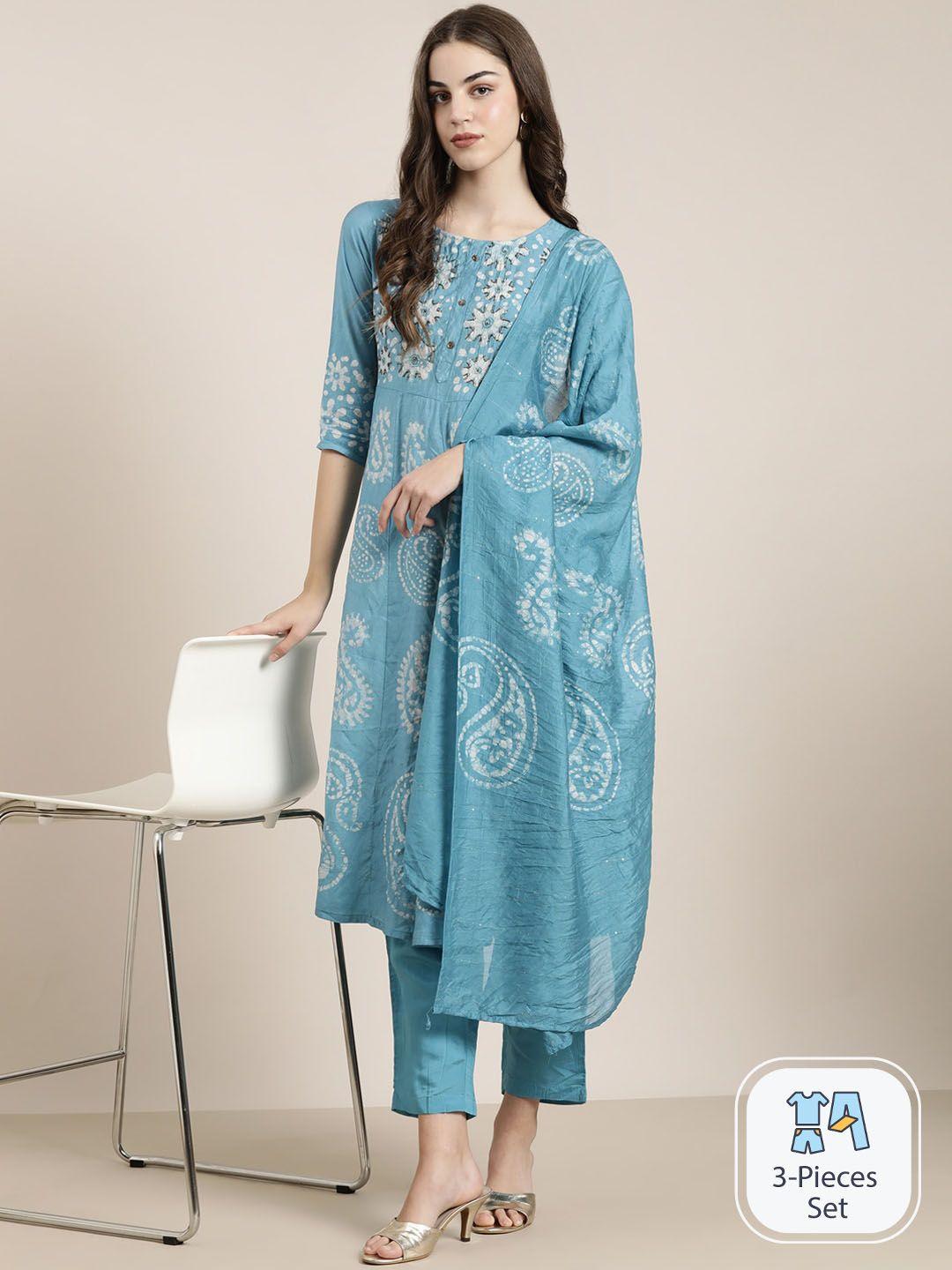 showoff ethnic motifs printed regular beads and stones kurta with trousers & dupatta