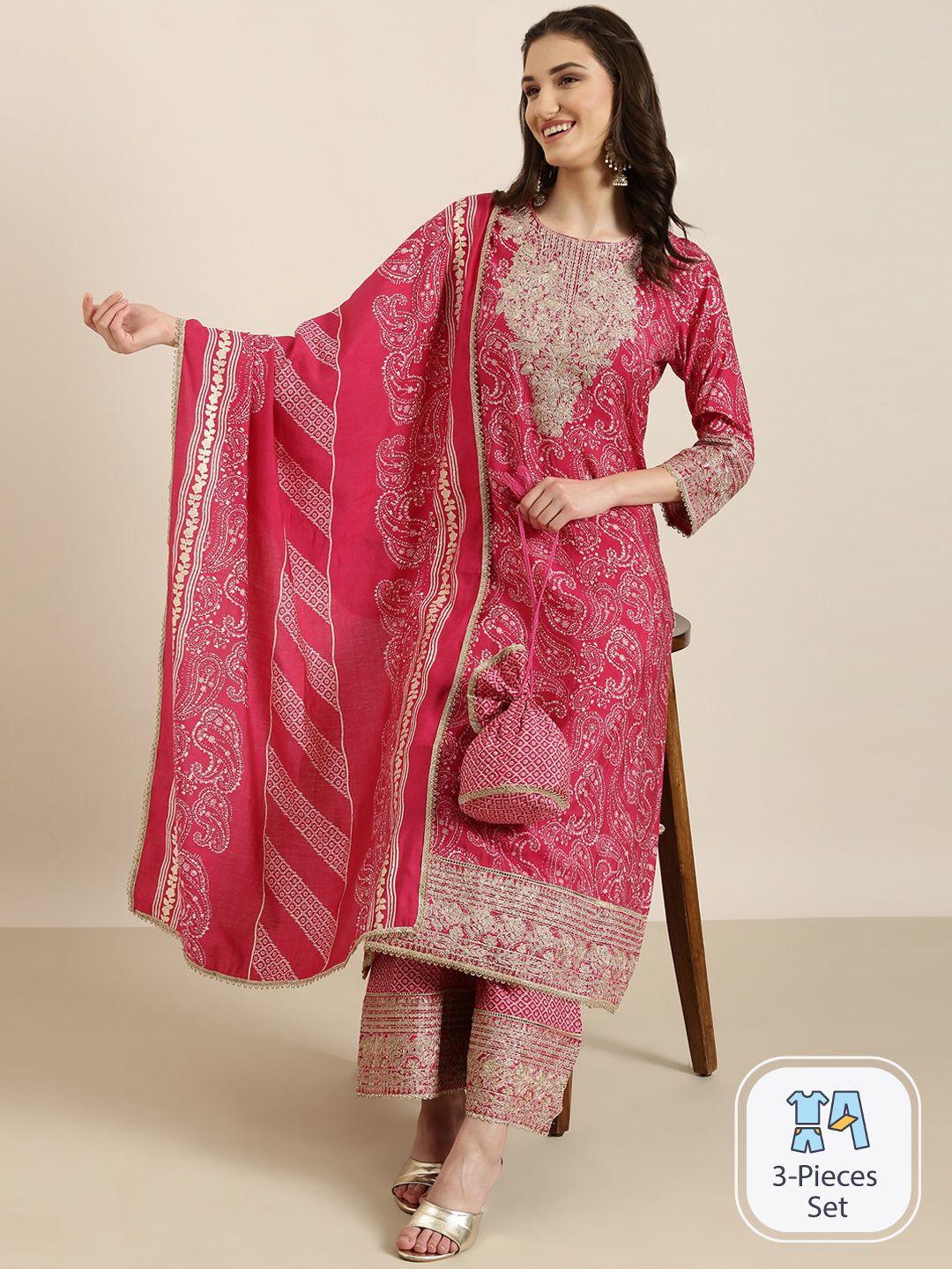 showoff paisley printed gotta patti thread work straight kurta & palazzos with dupatta