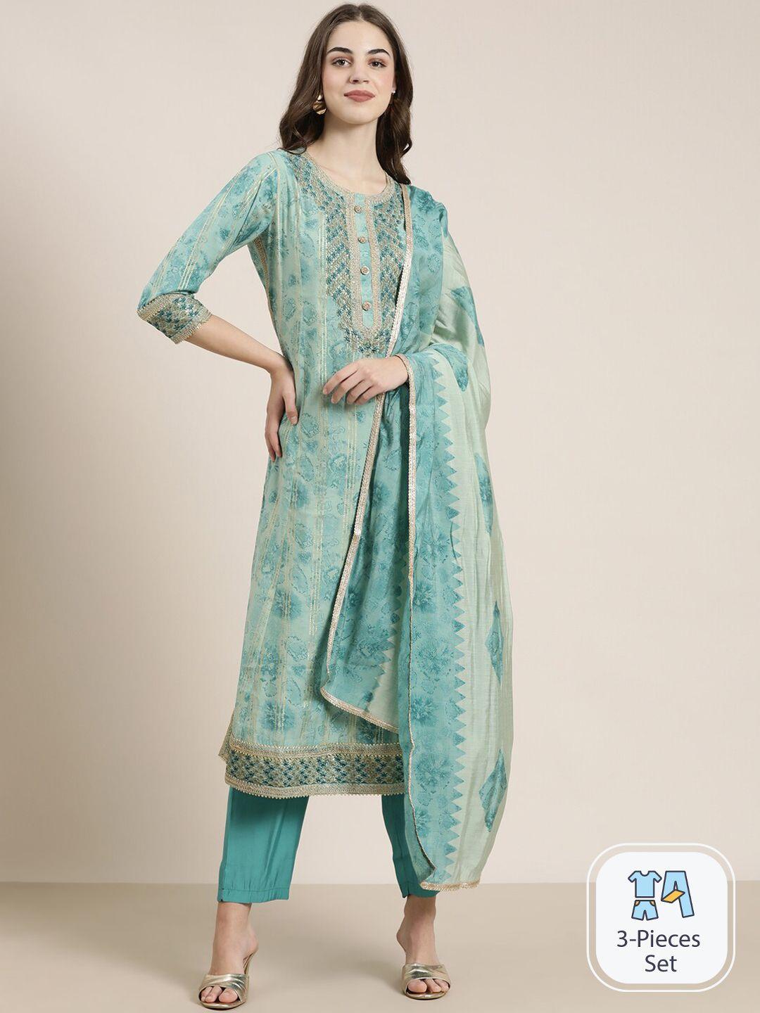 showoff abstract printed embroidered straight kurta & trousers with dupatta