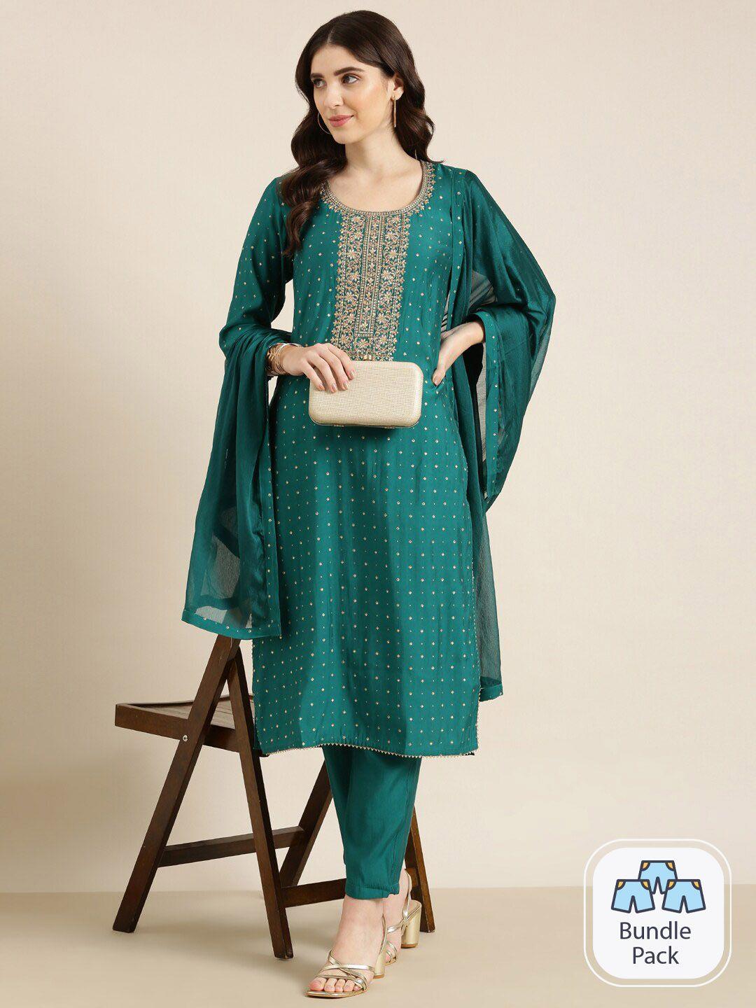 showoff ethnic motifs printed thread work straight kurta with trousers & dupatta