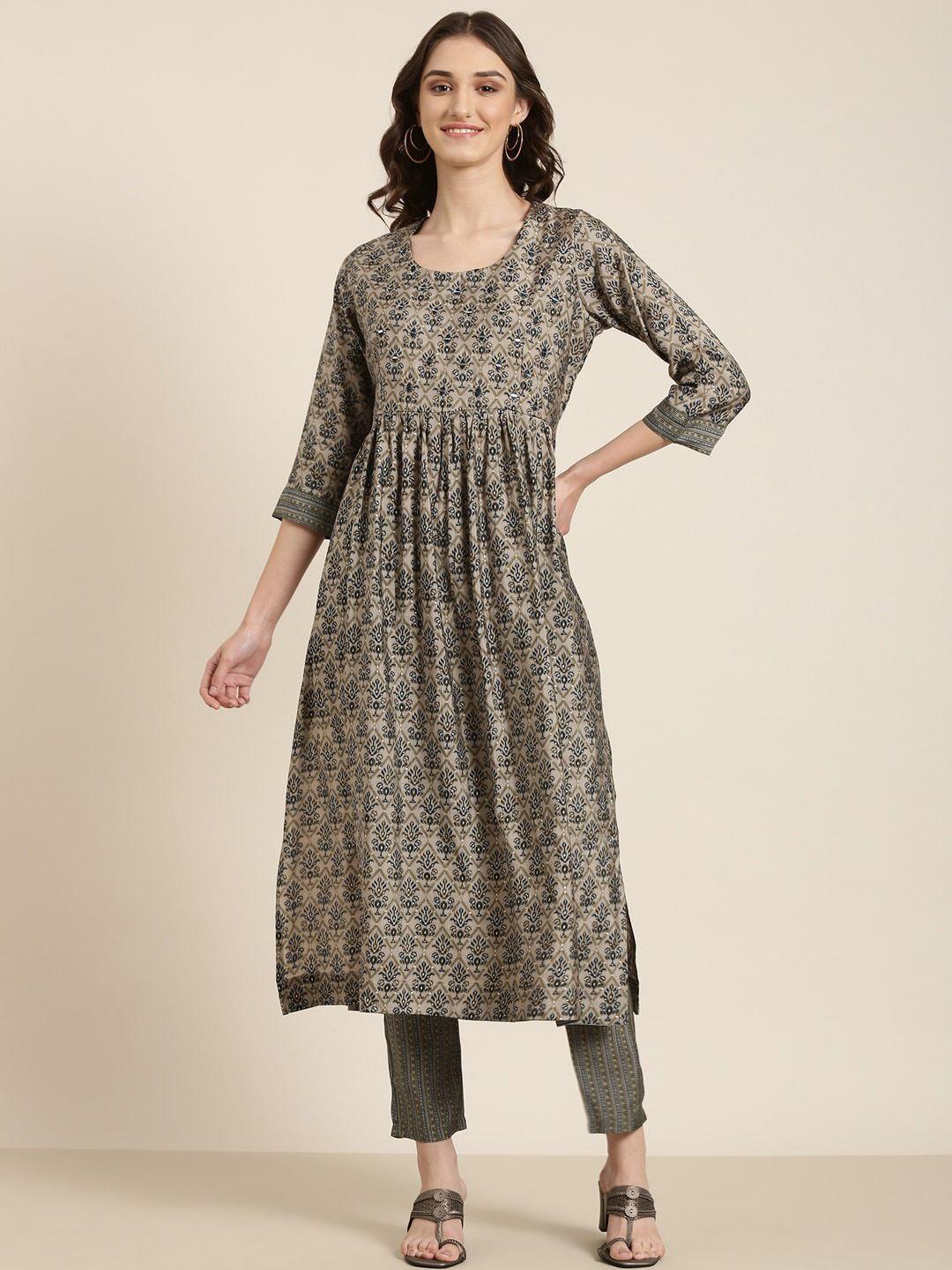 showoff ethnic motifs printed mirror work pleated a-line kurta with trousers