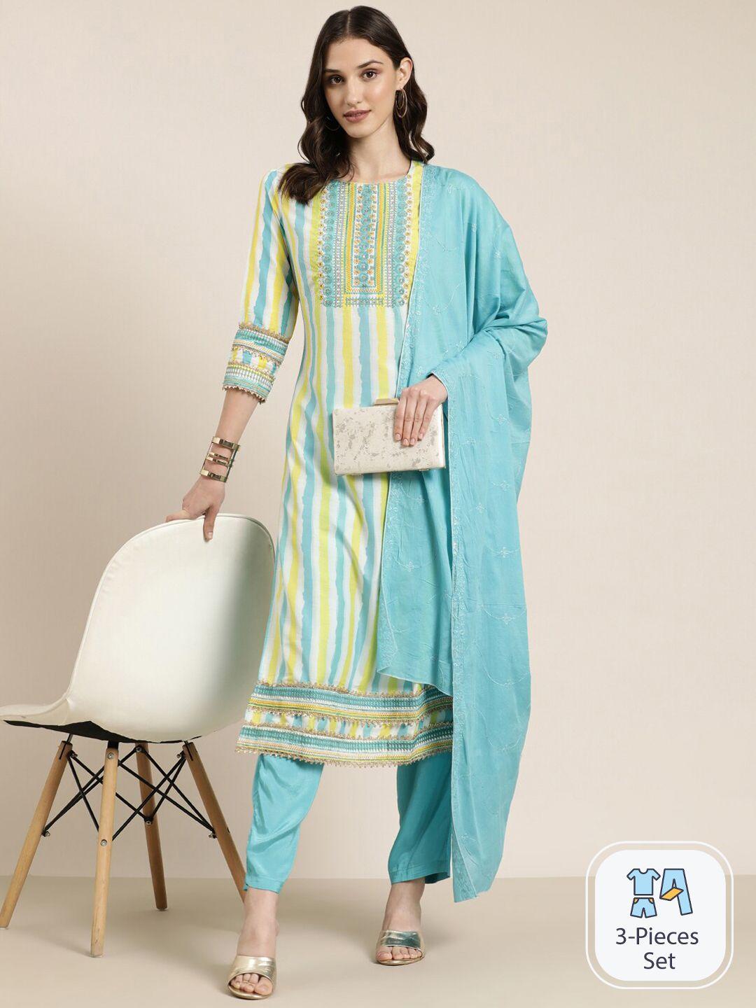 showoff striped regular thread work kurta with trousers & dupatta