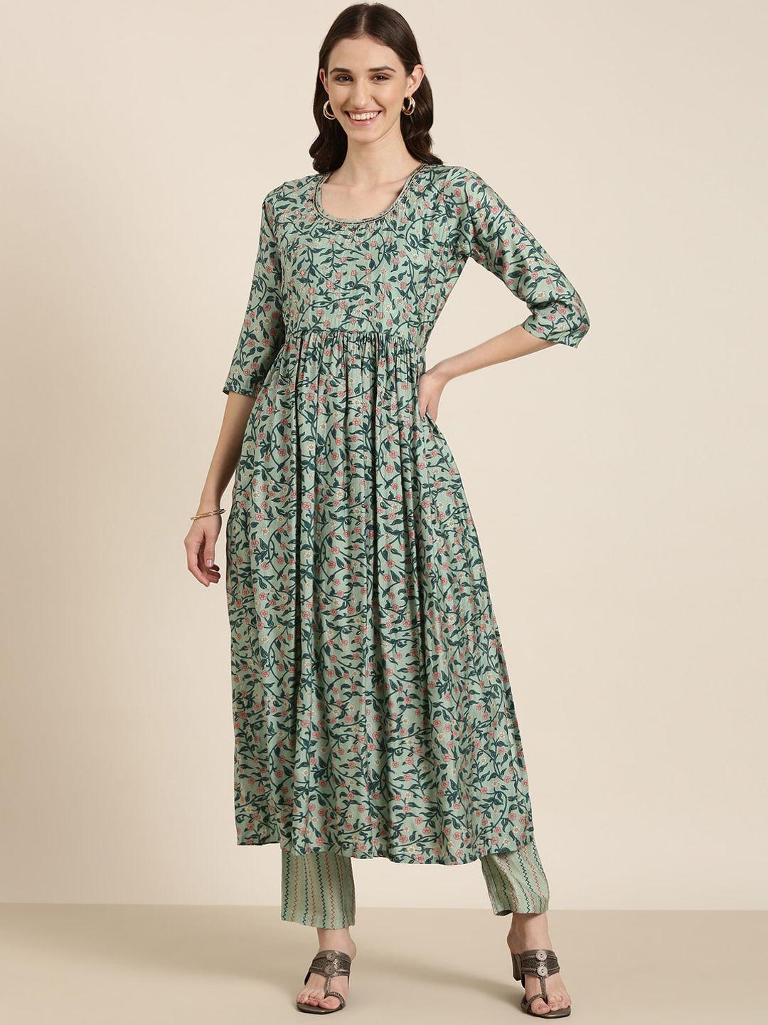 showoff floral printed pleated kurta with trousers