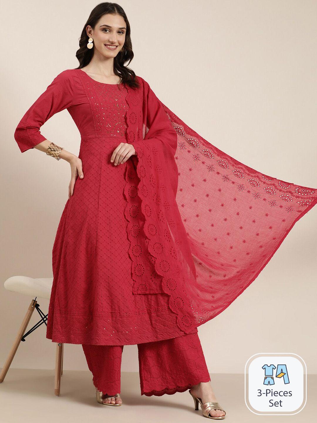 showoff ethnic motifs woven design anarkali beads and stones kurta with palazzos & dupatta