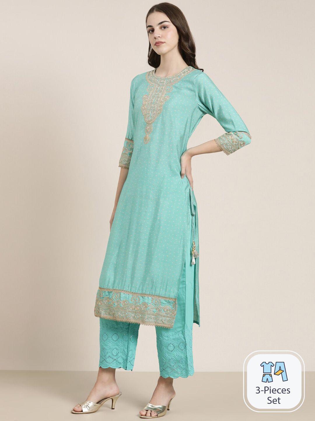 showoff bandhani printed thread work straight kurta with trousers & with dupatta