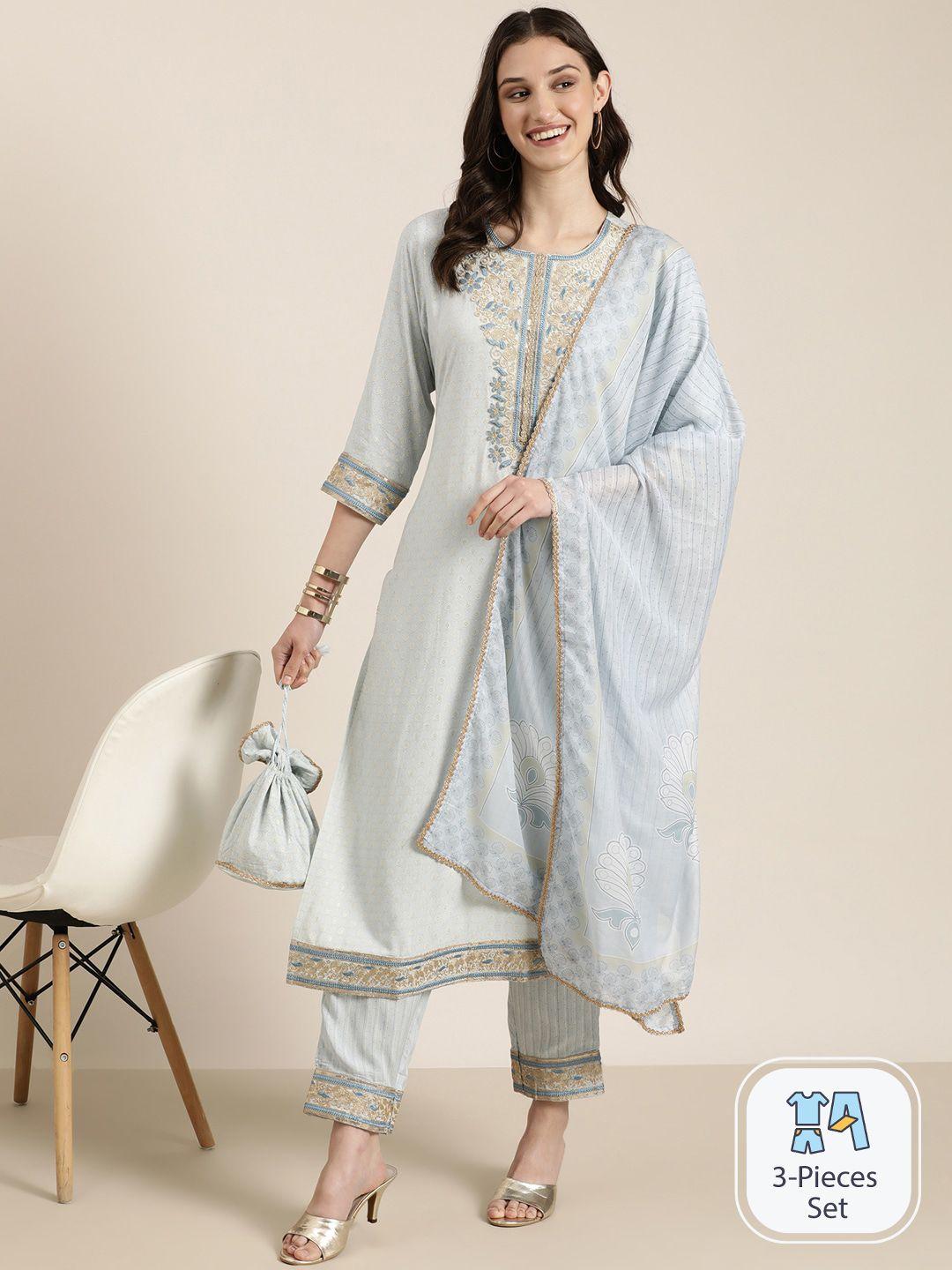 showoff ethnic motifs printed thread work detailed straight kurta & trousers with dupatta