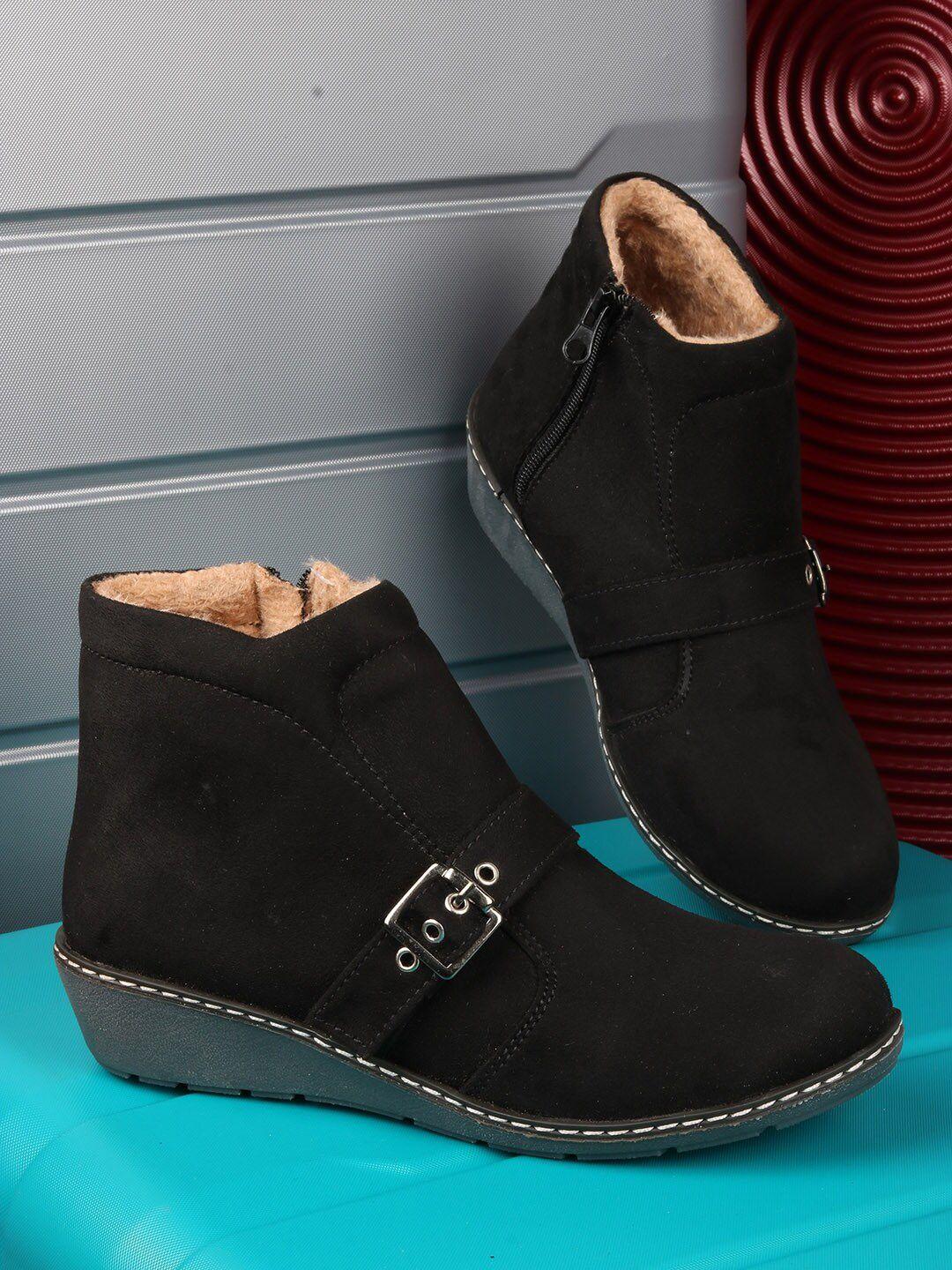 the roadster lifestyle co. women black mid top regular boots with buckle detail