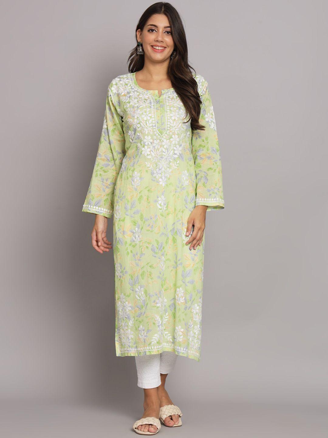 paramount chikan women green floral embroidered flared sleeves chikankari floral kurta