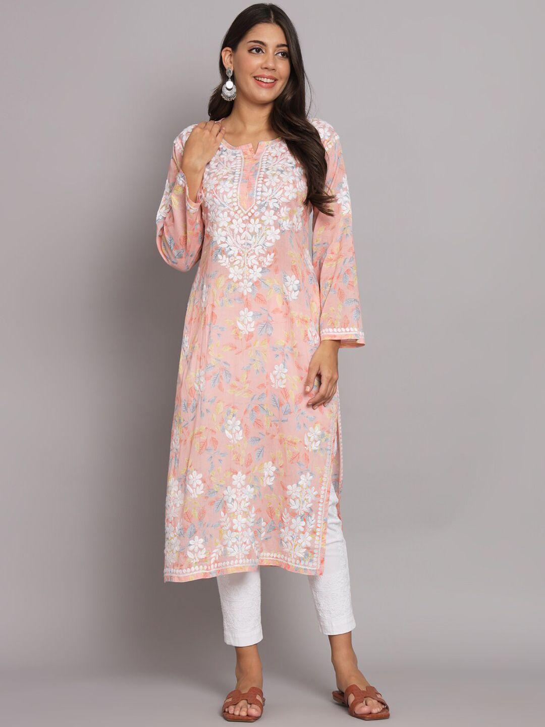 paramount chikan women peach-coloured floral printed chikankari floral kurta