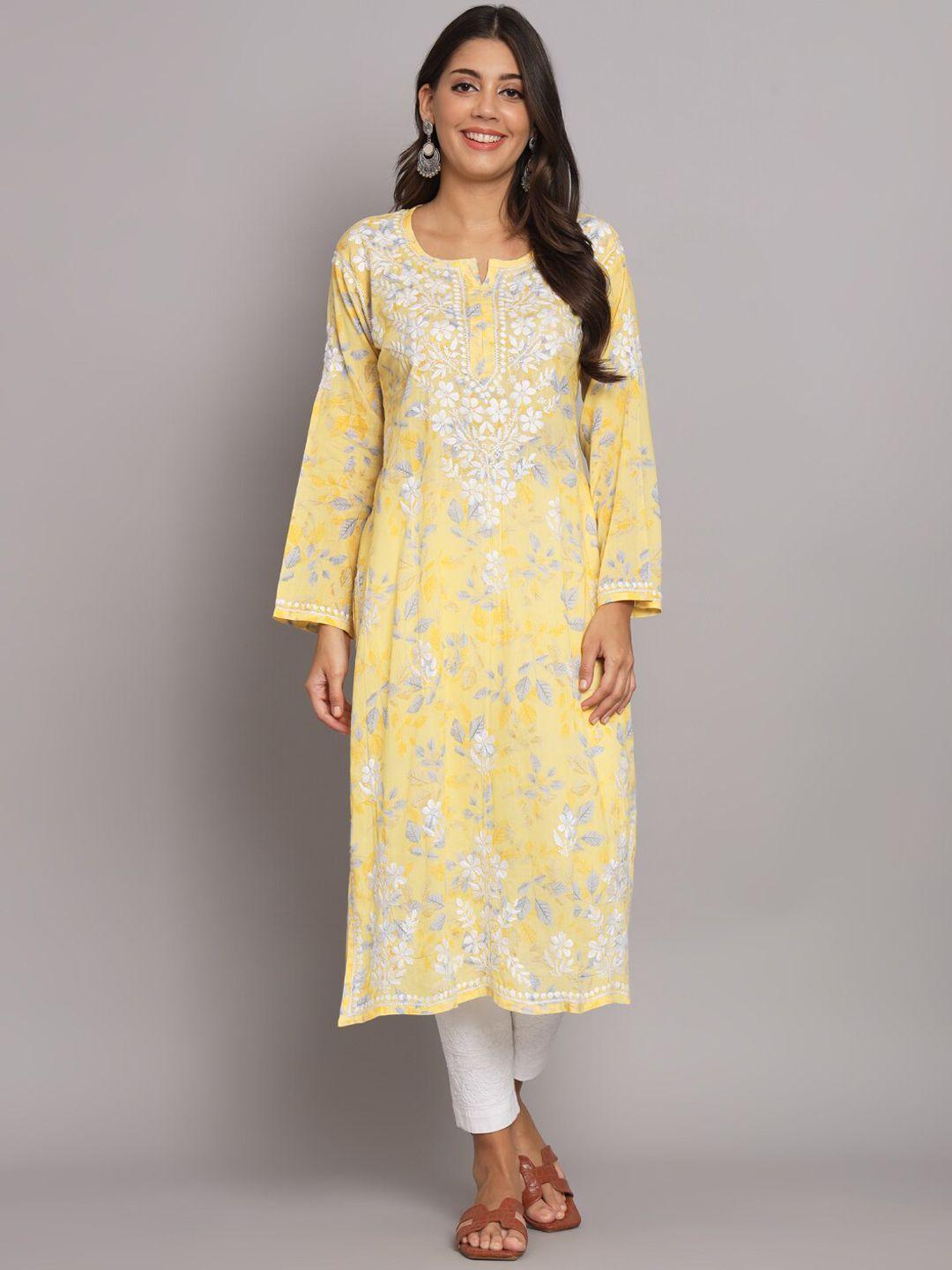 paramount chikan women yellow ethnic motifs printed flared sleeves floral kurta