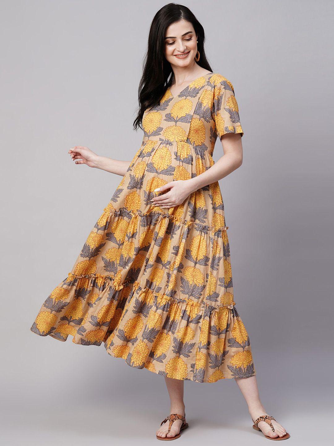 aanyor florals print gathered detail cotton  maternity fit and flare dress