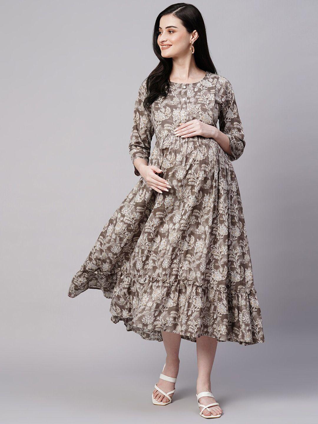 aanyor florals print gathered detail cotton  maternity fit and flare dress