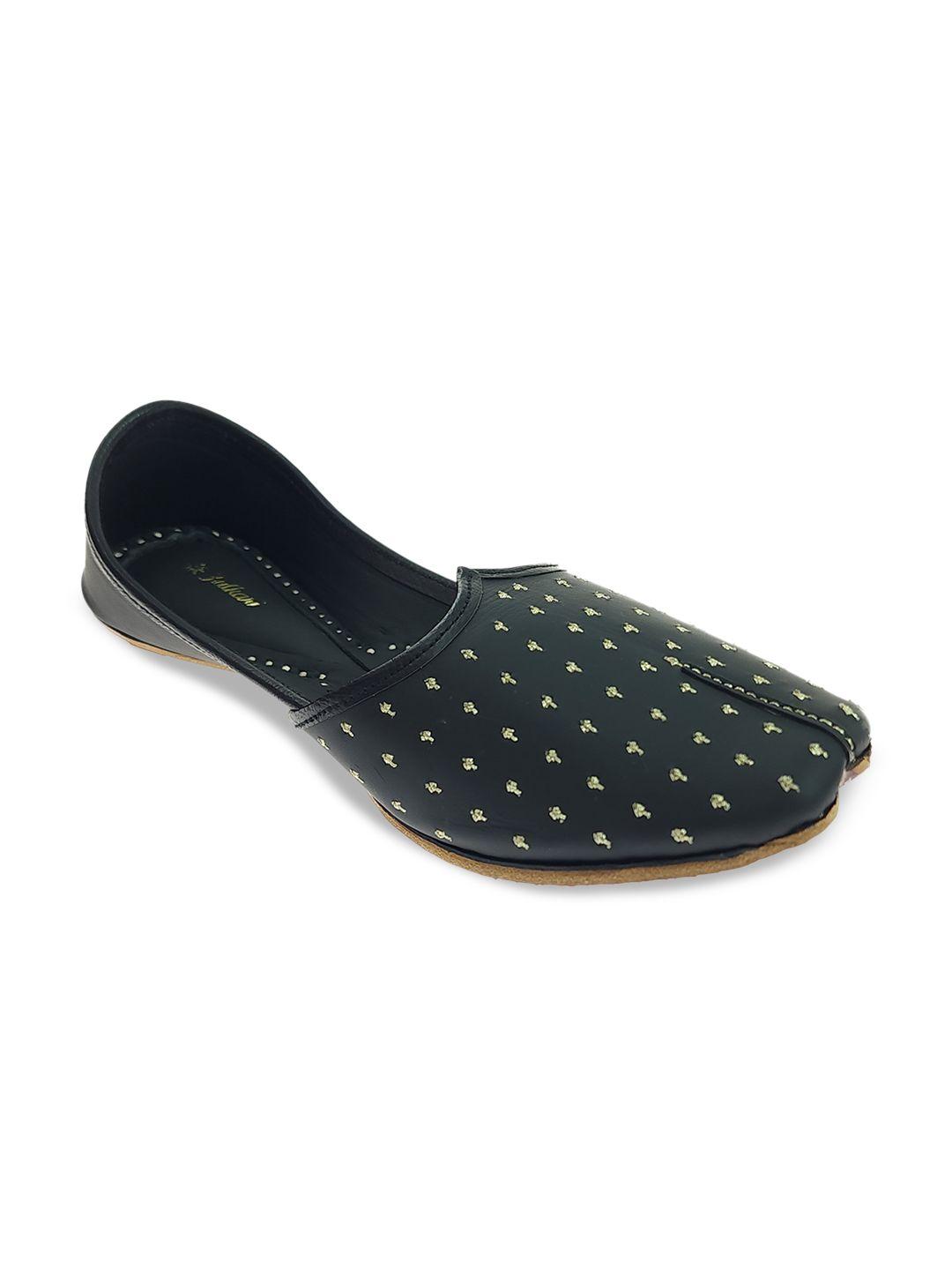 fulkari men black embellished ethnic mojaris with laser cuts flats