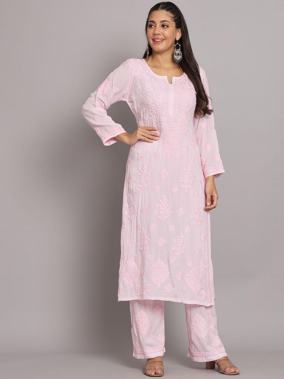 paramount chikan ethnic motifs embroidered chikankari regular kurta with palazzos