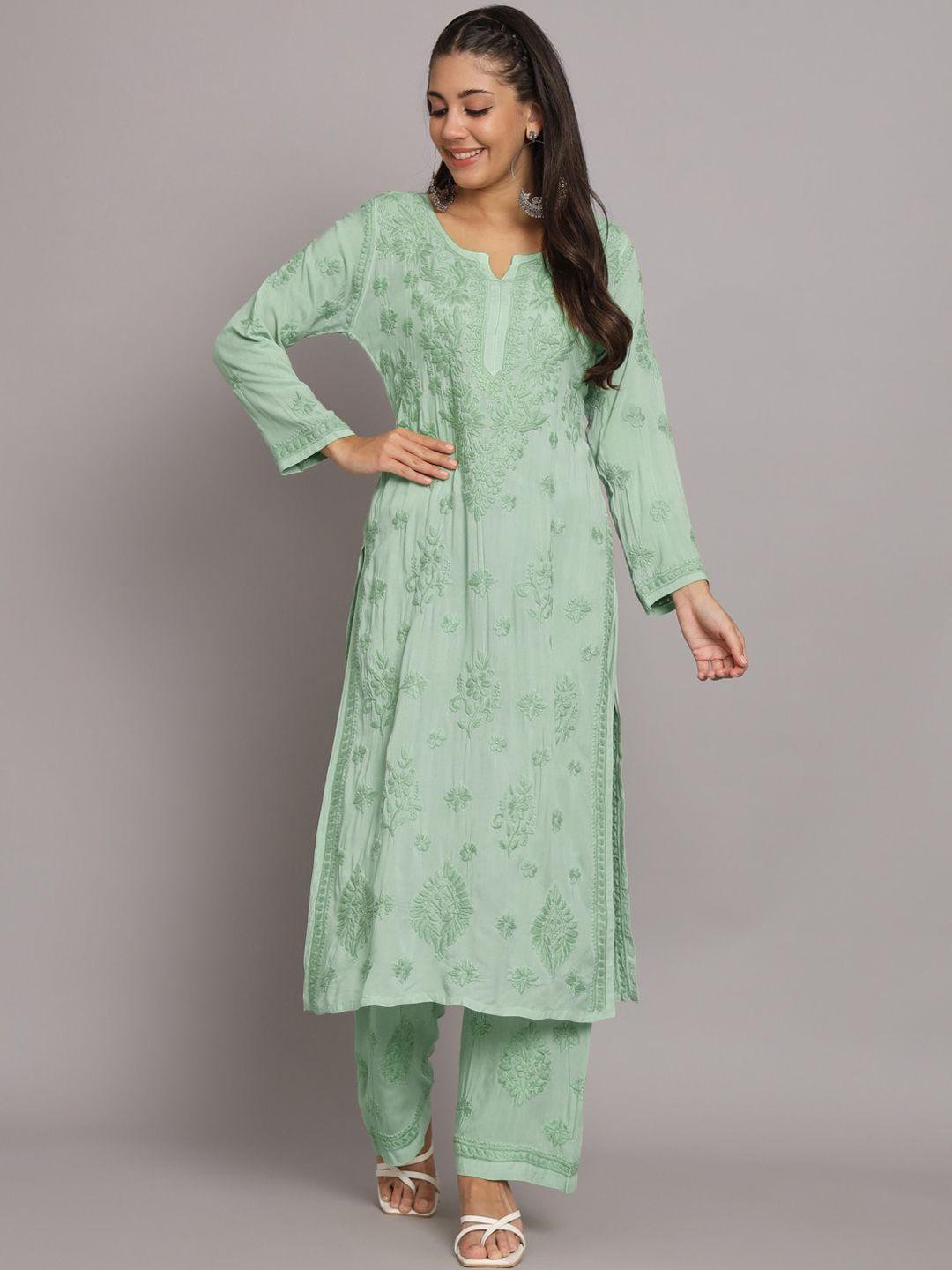 paramount chikan women sea green ethnic motifs embroidered regular chikankari kurta with palazzos