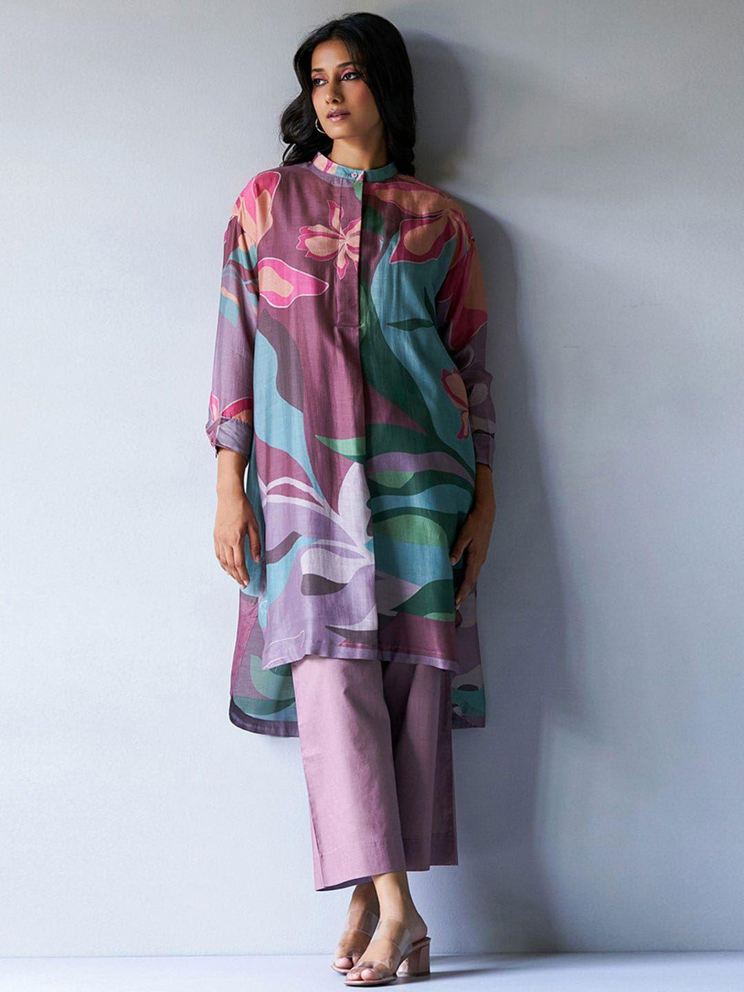 ganga floral printed cuffed sleeves high low fusion pure cotton kurta with palazzos