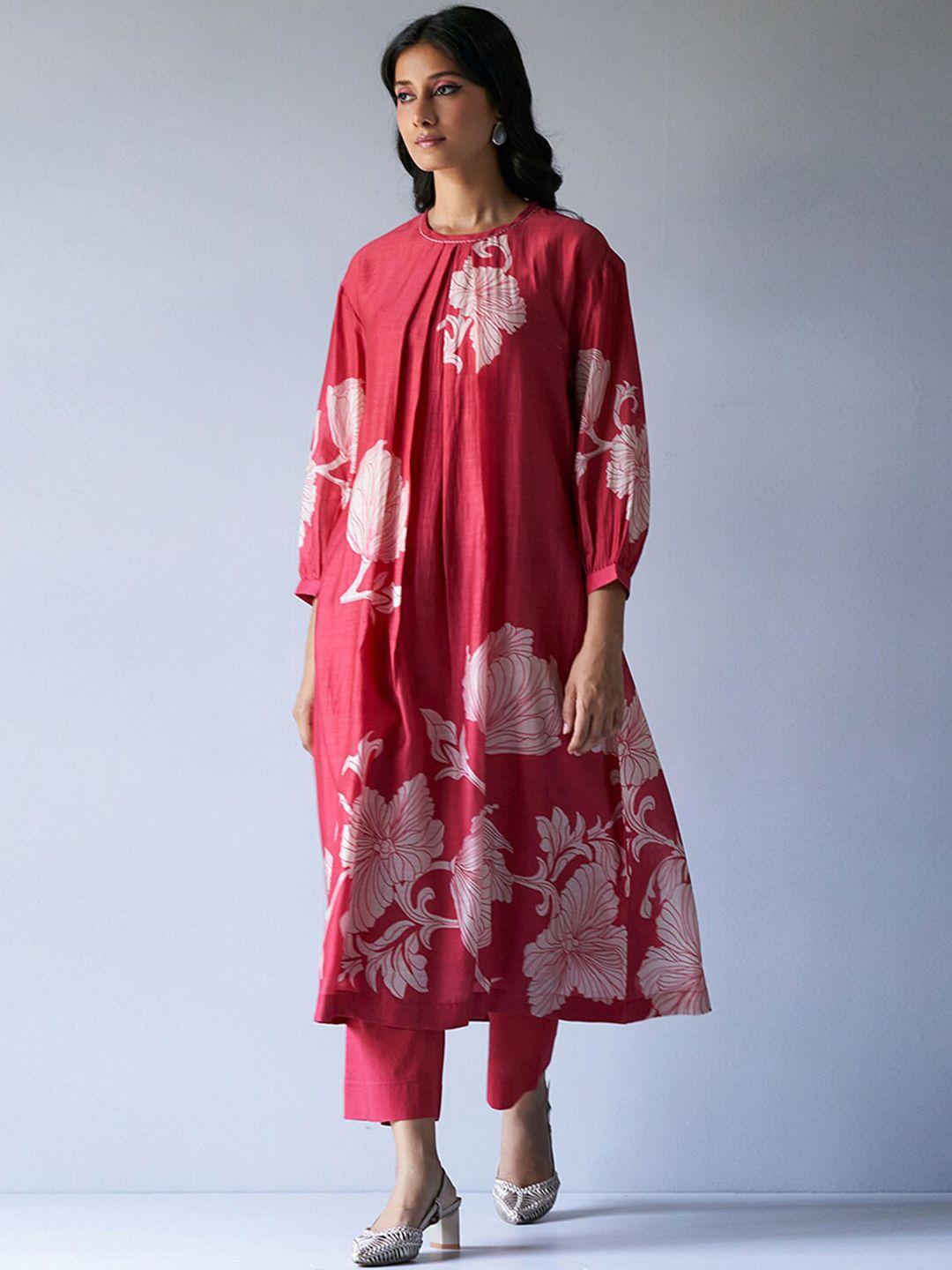 ganga floral printed puff sleeves pleated a-line kurta with trousers