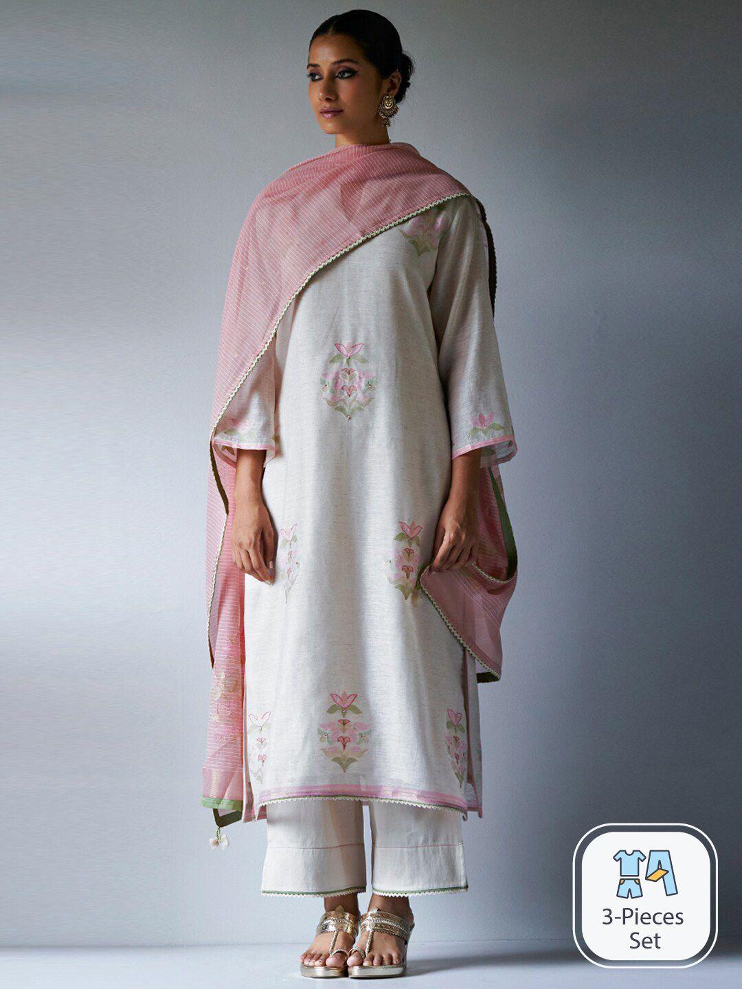 ganga floral printed thread work linen kurta with palazzos & dupatta