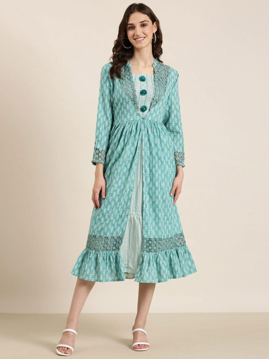 showoff floral printed a-line cotton ethnic dress with longline jacket