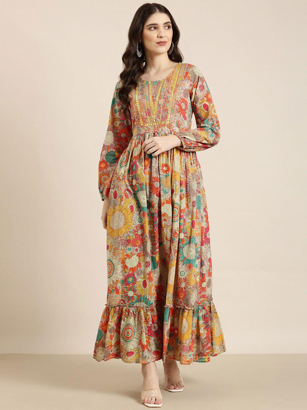 showoff floral printed mirror work a-line maxi ethnic dress