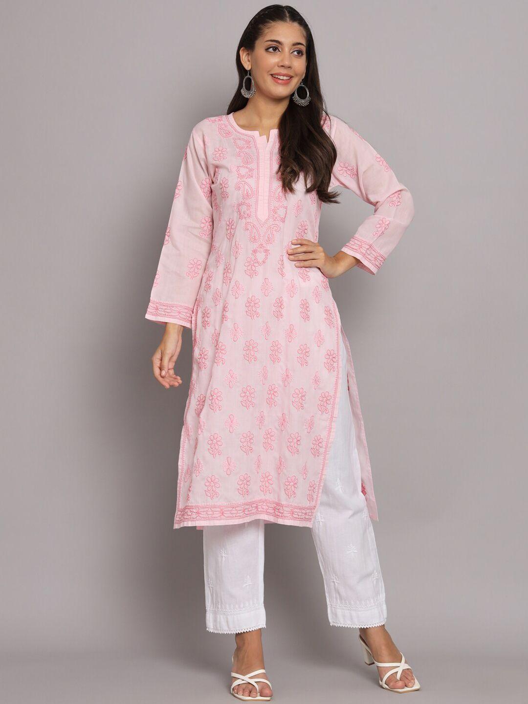 paramount chikan women pink ethnic motifs embroidered flared sleeves chikankari floral kurta